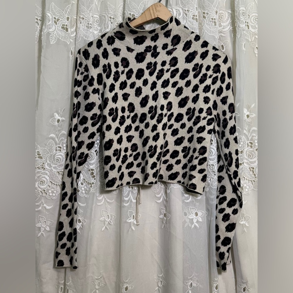 Zara Black on Cream Leopard Mock Neck Cropped Sweater